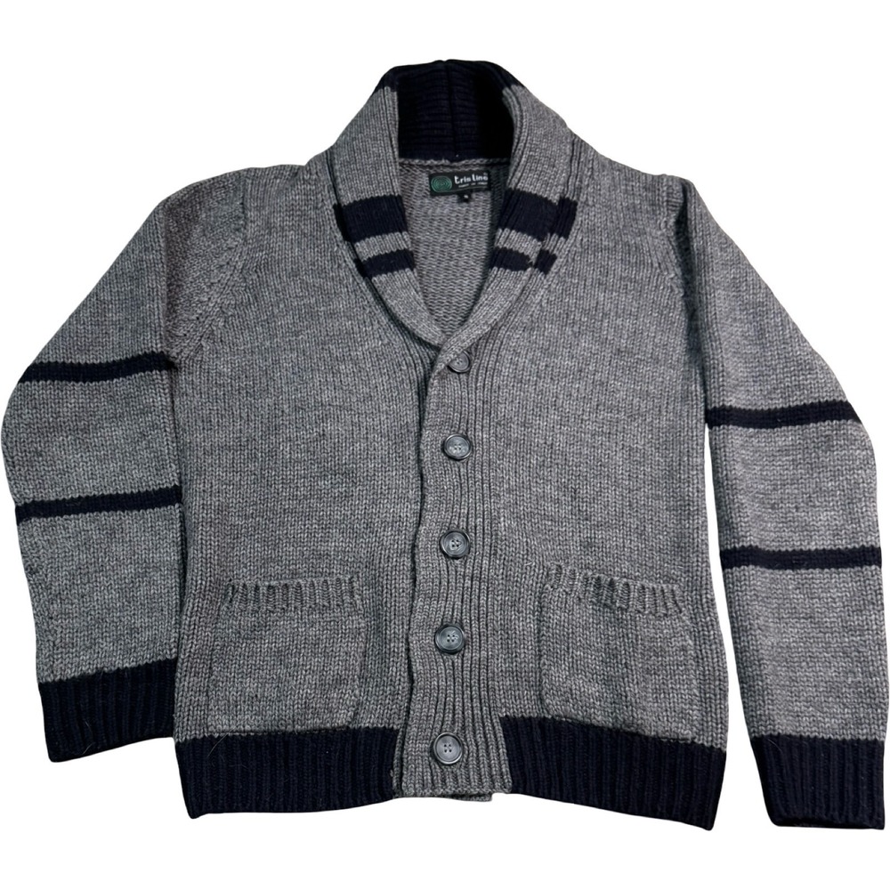 Tris Line Cardigan Mens Small Grey Navy Blue Made in Italy Wool Blend